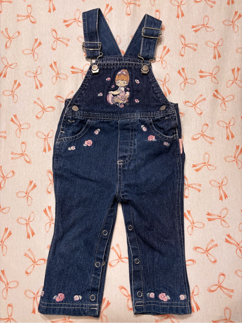 Precious Moments - Vintage Y2k Children's Dark Blue Denim Embroidered Overalls